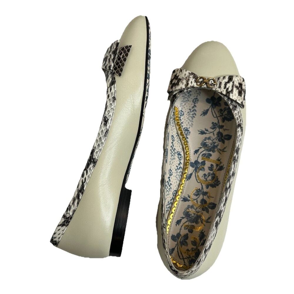 Gucci Yva Ivory Snakeskin trim Leather GG Bow Ballet Flats Shoes size 36.5